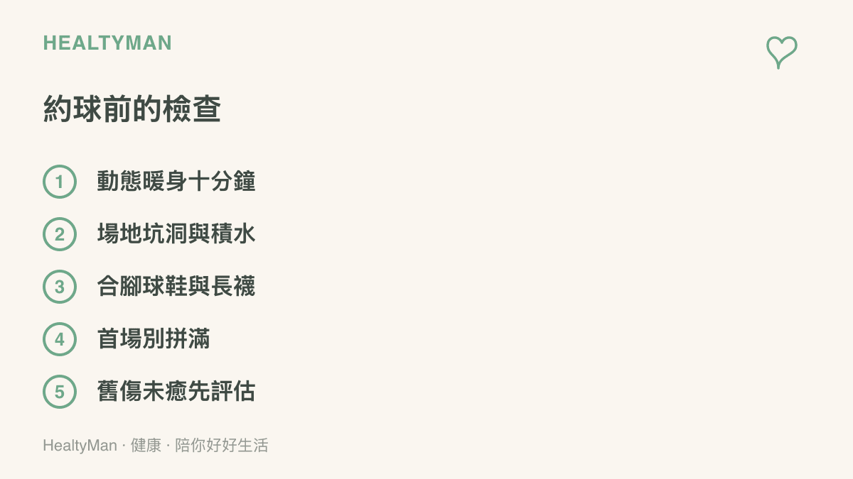 足球約賽前的五項檢查：動態暖身十分鐘、場地坑洞與積水、合腳球鞋與長襪、首場控制上場份量、舊傷未癒先請醫師評估