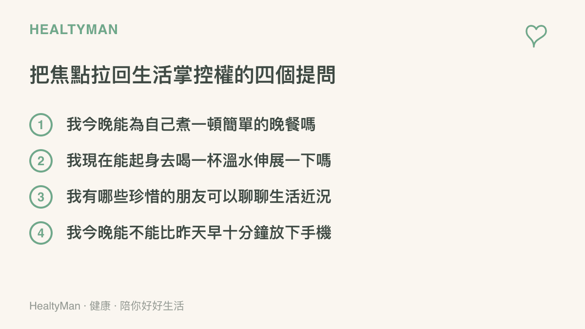 一張清單卡片，列舉出四個幫助大眾將注意力從社會新聞拉回日常自我照護的自我引導問題。