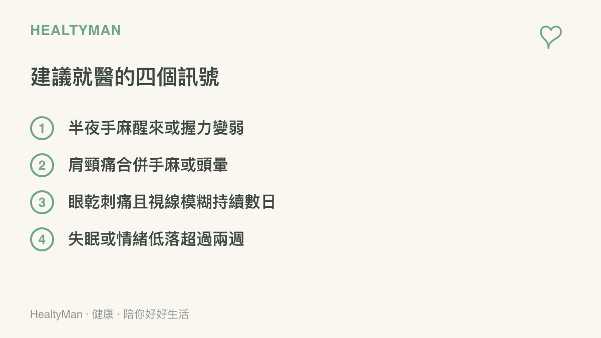 清單圖列出四個建議就醫的訊號：半夜手麻醒來或握力變弱、肩頸痛合併手麻或頭暈、眼乾刺痛且視線模糊持續數日、失眠或情緒低落超過兩週