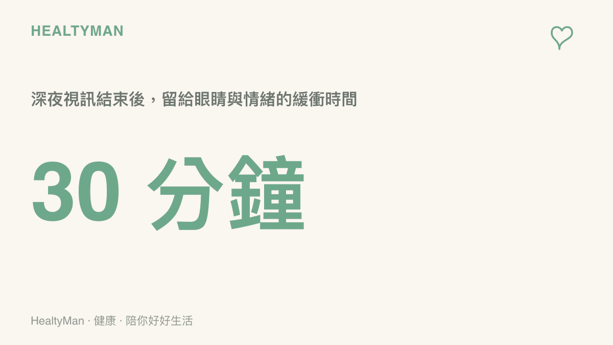 標示 30 分鐘的提醒數字，建議深夜視訊掛斷後預留半小時，讓光線與情緒降溫，再準備上牀睡覺