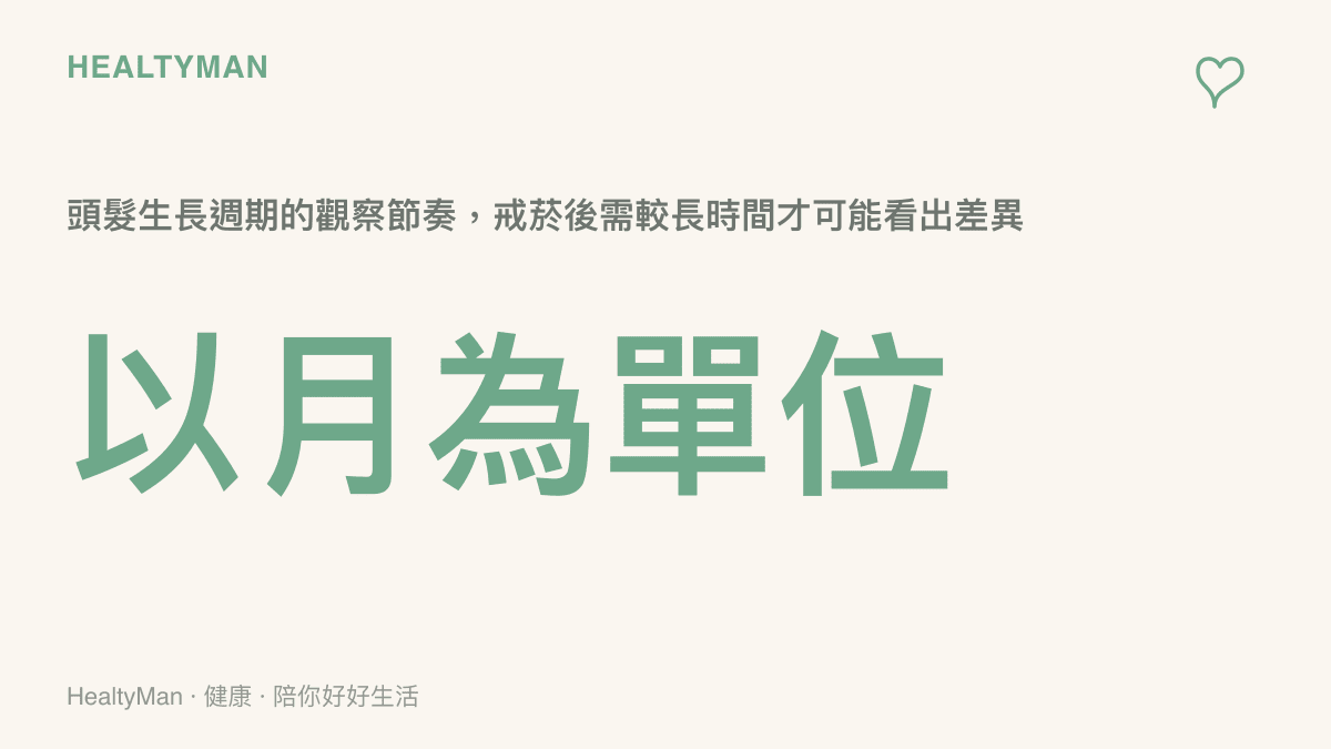 頭髮生長週期以月為單位的衛教提醒，說明戒菸後需要耐心觀察毛髮變化