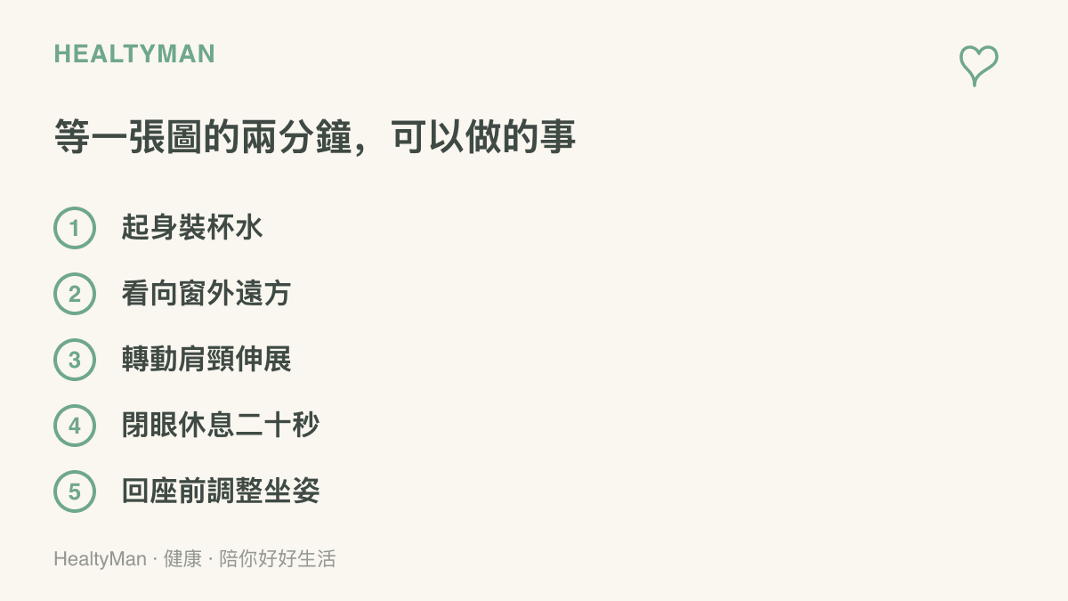 清單圖卡列出等待 AI 生成圖片的兩分鐘內可做的五個離開螢幕的小動作，包含裝水、看遠方、伸展肩頸、閉眼與調整坐姿