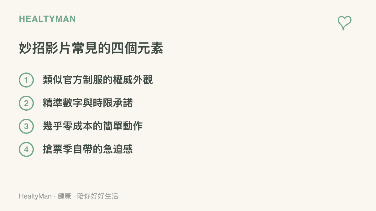 清單圖卡列出妙招謠言影片常見的四個元素，包括類似官方制服的權威外觀、精準數字與時限承諾、幾乎零成本的簡單動作，以及搶票季自帶的急迫感