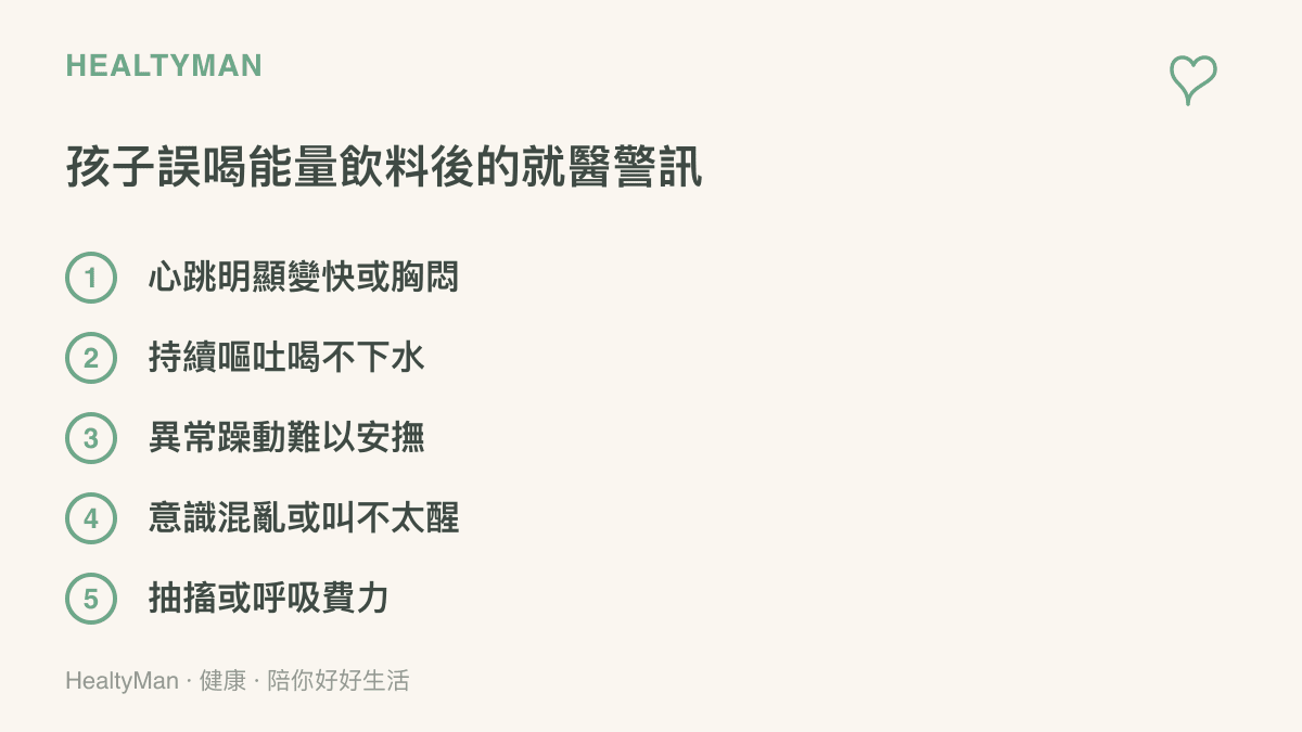 幼兒誤喝能量飲料後應立即就醫的五個警訊，包含心跳加快、持續嘔吐、躁動難安撫、叫不醒與抽搐呼吸費力