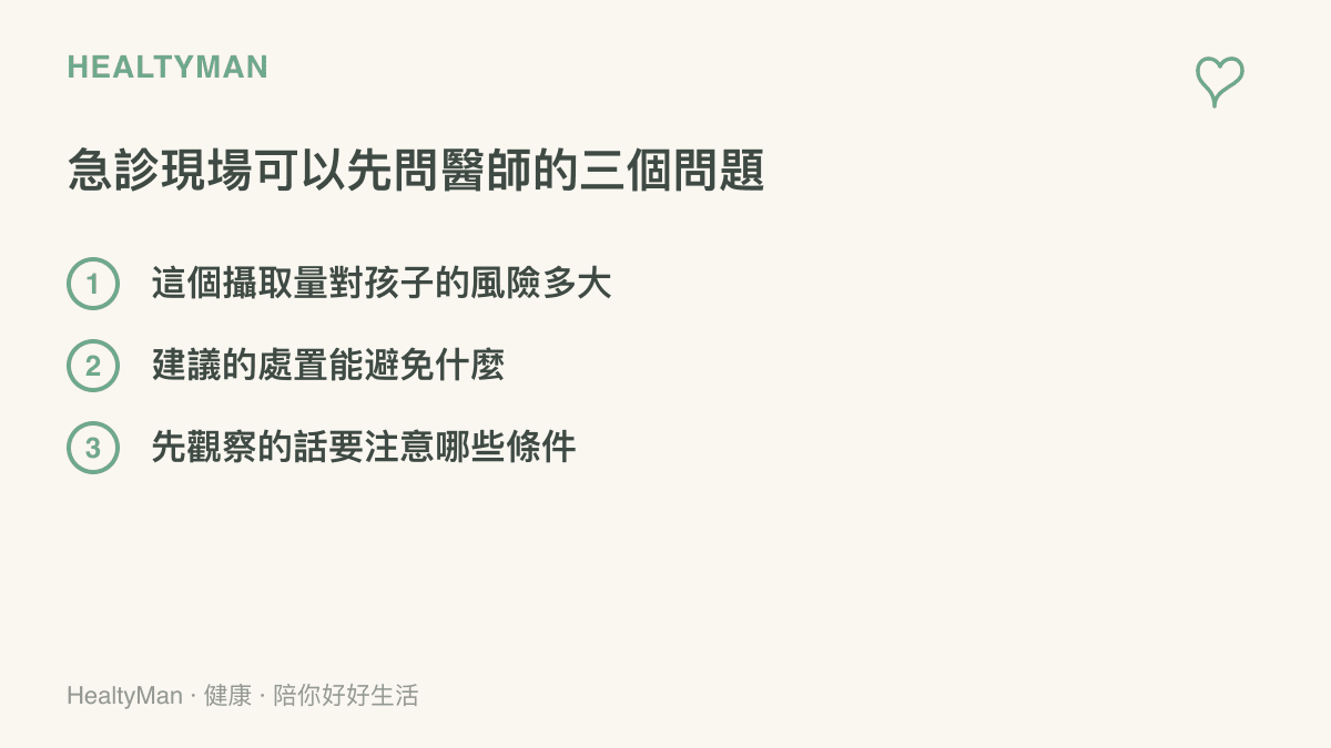 家長在急診可以開口問醫師的三個問題，涵蓋攝取量風險、處置的預期效果，以及選擇先觀察時的注意條件