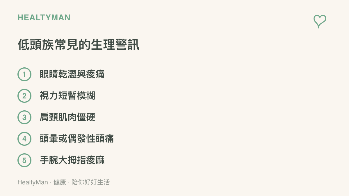 清單圖卡列出低頭族常見的五種生理警訊，包含眼睛乾澀、視力模糊、肩頸僵硬、頭暈頭痛與手腕痠麻