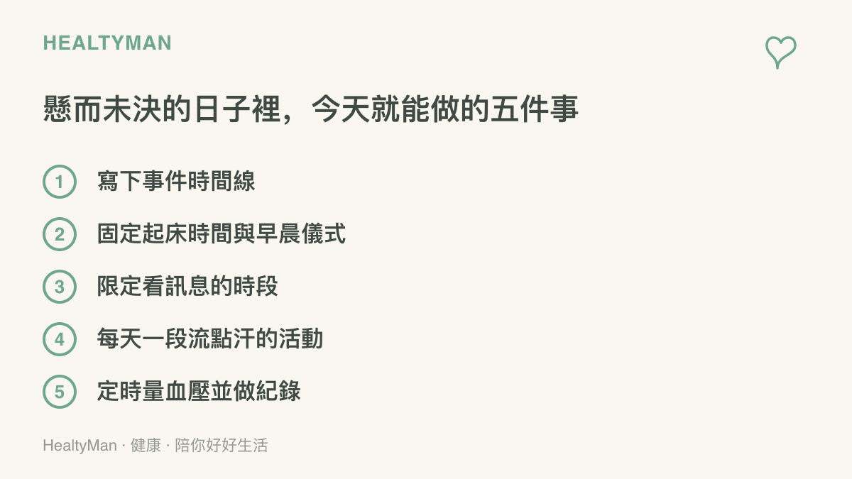 清單列舉面對懸而未決的壓力時今天就能做的五件事，包括寫事件時間線、固定作息錨點、限時查看訊息、每日活動身體與定時測量血壓