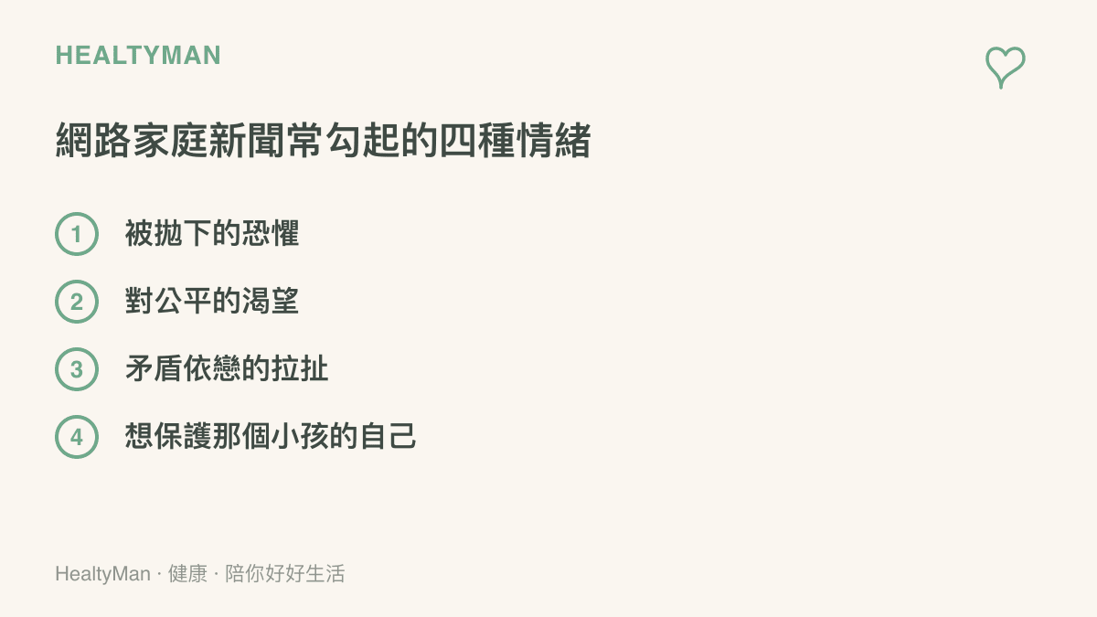 網路家庭新聞常勾起讀者的四種情緒：被拋下的恐懼、對公平的渴望、矛盾依戀的拉扯、想保護那個小孩的自己