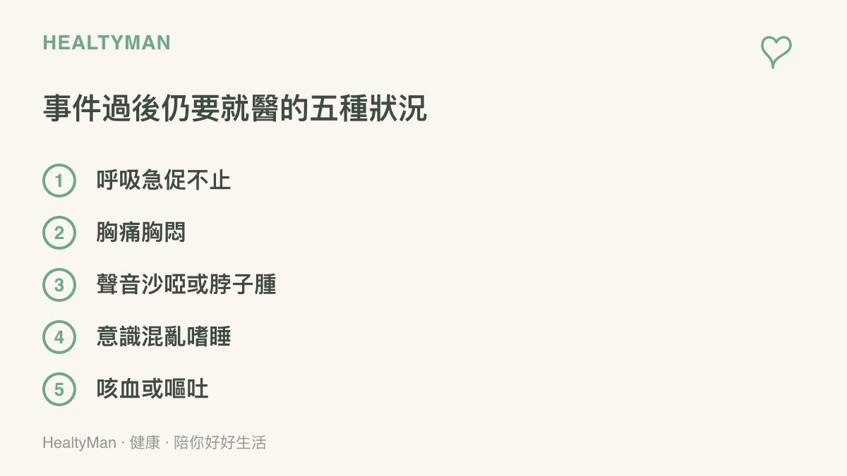 圖卡列出被壓制或窒息事件過後仍需盡快就醫的五種身體狀況，包含呼吸急促、胸痛胸悶、聲音沙啞、意識混亂與咳血嘔吐