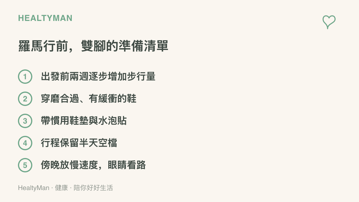 清單列出羅馬行前替雙腳做的五項準備，包含提前增加步行量、穿磨合過的鞋、攜帶鞋墊與水泡貼、行程保留空檔與傍晚放慢速度看路