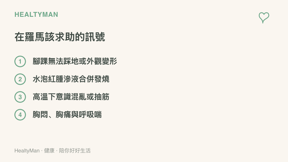 清單整理羅馬旅遊期間應該就醫的四種警訊，包含腳踝無法踩地或變形、水泡感染合併發燒、熱傷害的意識變化與胸悶呼吸困難