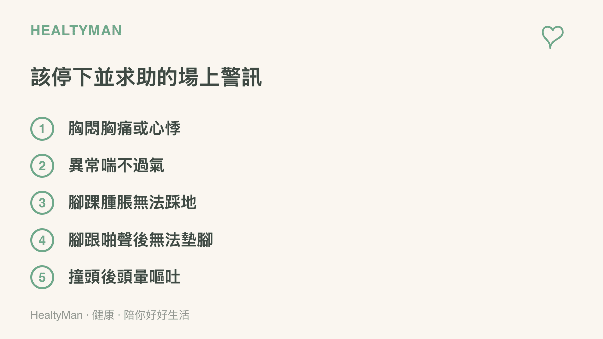 球場上應立即停止並就醫的五種警訊，包含胸悶胸痛或心悸、異常喘不過氣、腳踝腫脹無法踩地、腳跟發出啪聲後無法墊腳尖，以及頭部撞擊後出現頭暈嘔吐