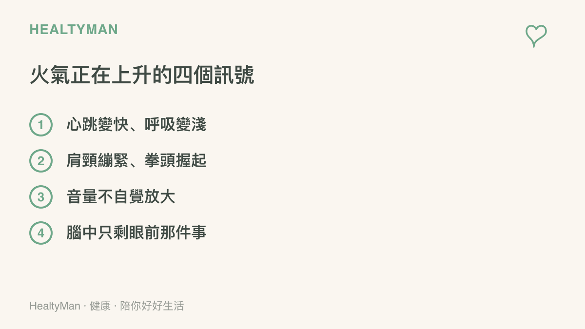 清單列出自覺憤怒升高的四個身體訊號：心跳變快與呼吸變淺、肩頸繃緊與拳頭握起、音量不自覺放大，以及腦中只剩下眼前那件事