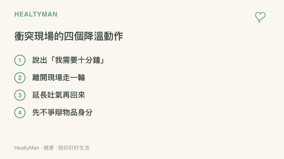 清單列出衝突現場可以先做的四個降溫動作：喊出十分鐘暫停、離開現場走動、延長吐氣後再回來談，以及先不爭辯物品的身分