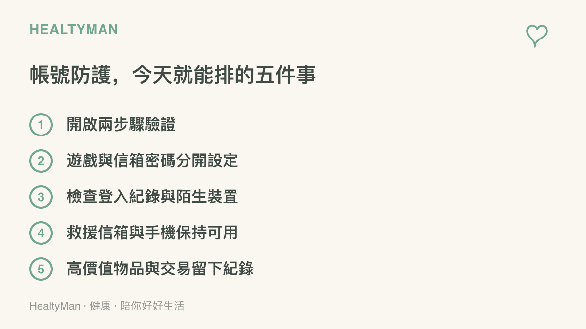 清單列出遊戲帳號防護的五個做法：開啟兩步驟驗證、密碼分開設定、檢查登入裝置、保持救援管道可用、貴重物品與交易留下紀錄