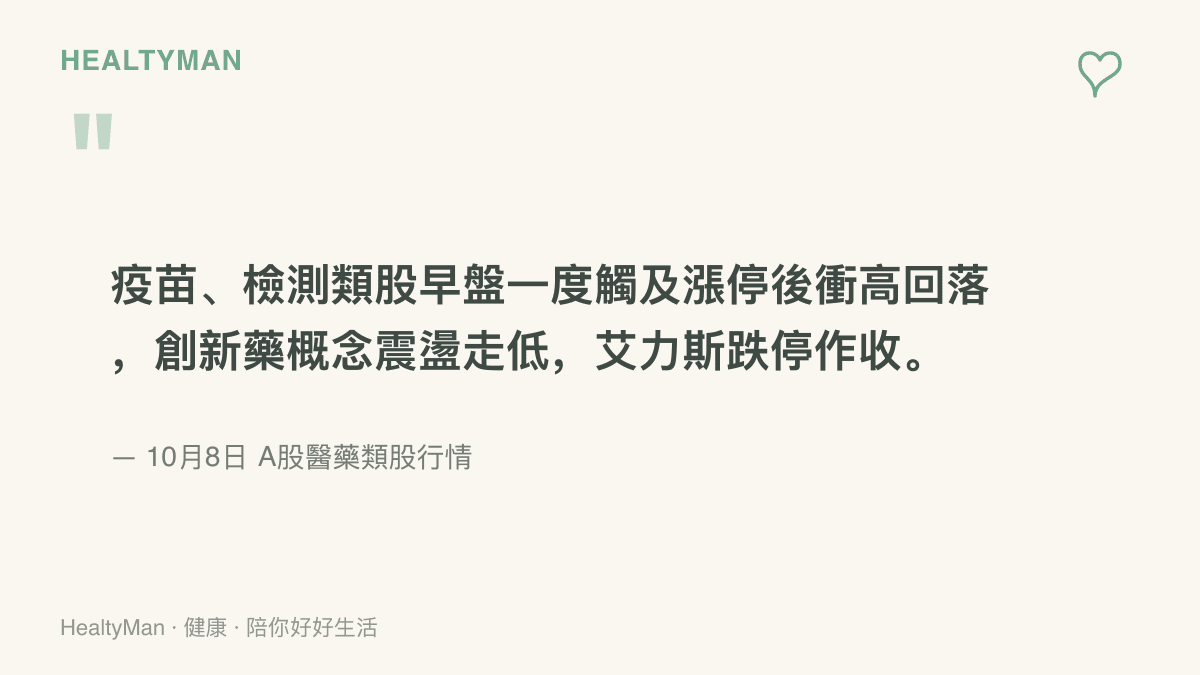 10月8日A股醫藥類股的行情重點：疫苗與檢測類股早盤一度觸及漲停後衝高回落，創新藥概念震盪走低，艾力斯股價跌停