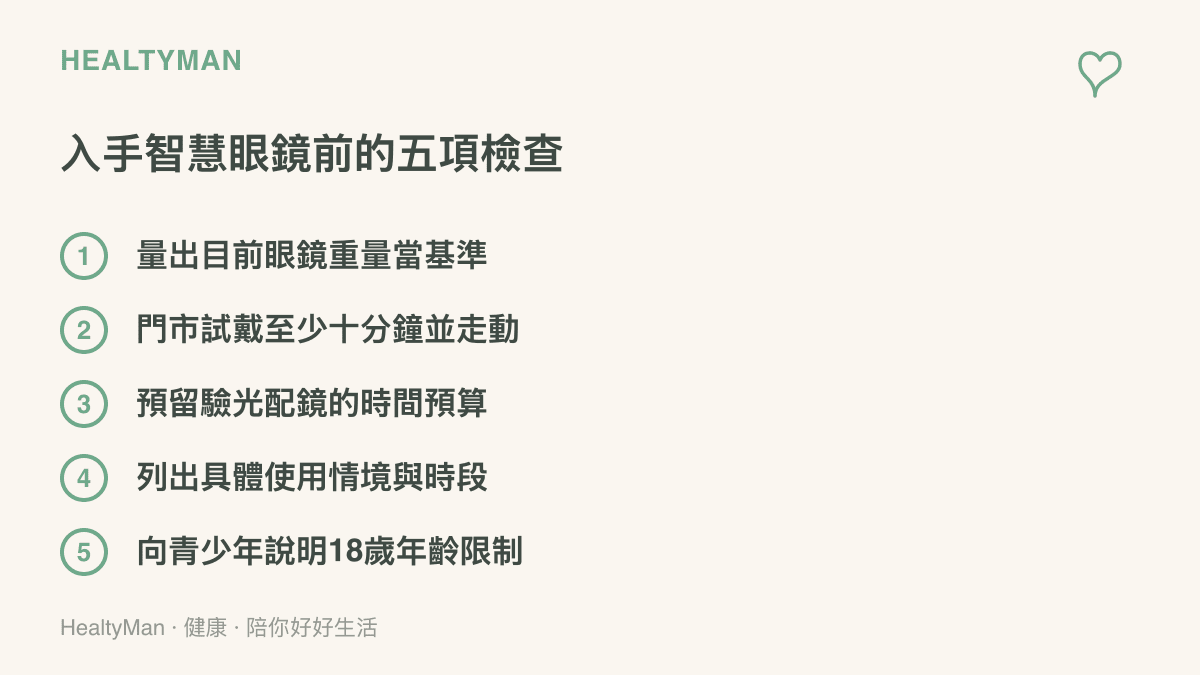 清單列出入手智慧眼鏡前的五項檢查，包括測量現有眼鏡重量、門市試戴走動、預留驗光時間預算、盤點使用情境時段，以及向家中青少年說明年齡限制