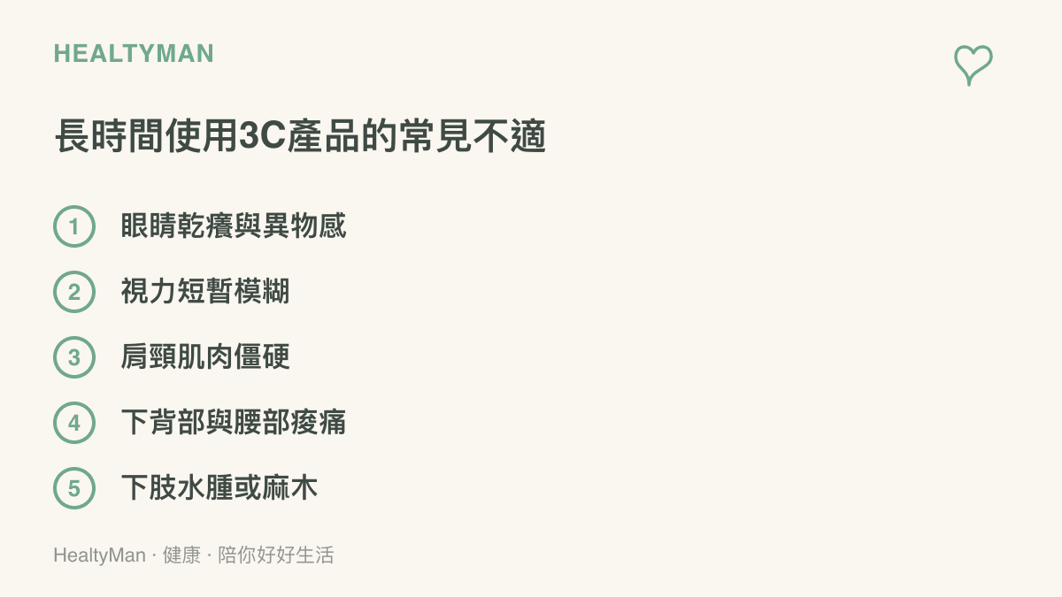 列出長時間盯著螢幕與久坐容易引發的五種身體不適症狀，包含眼部乾澀、視力模糊與肩頸腰背痠痛等