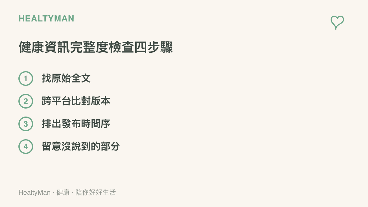清單圖卡列出檢查健康資訊完整度的四個步驟：回到原始來源讀全文、比對不同平臺的版本差異、排出聲明發布的時間順序、留意資訊裡沒有提到的部分