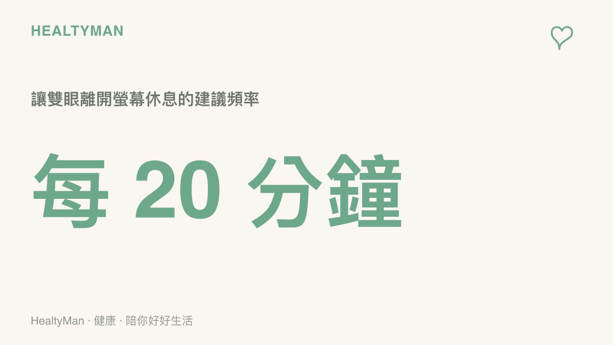 統計數值圖卡，呈現眼科保健原則中建議每使用螢幕二十分鐘必須讓雙眼休息一次的頻率