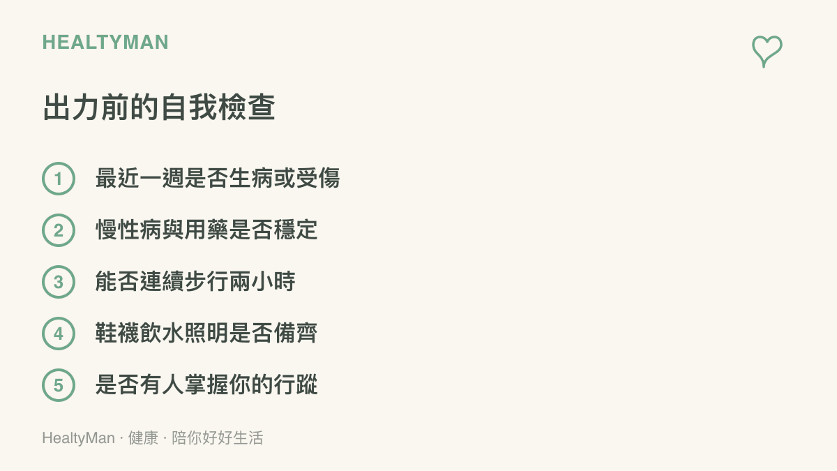 出力協助前的五項自我檢查問題，涵蓋近期健康狀況、慢性病控制情形、連續步行能力、裝備齊備度與行蹤是否有人知道