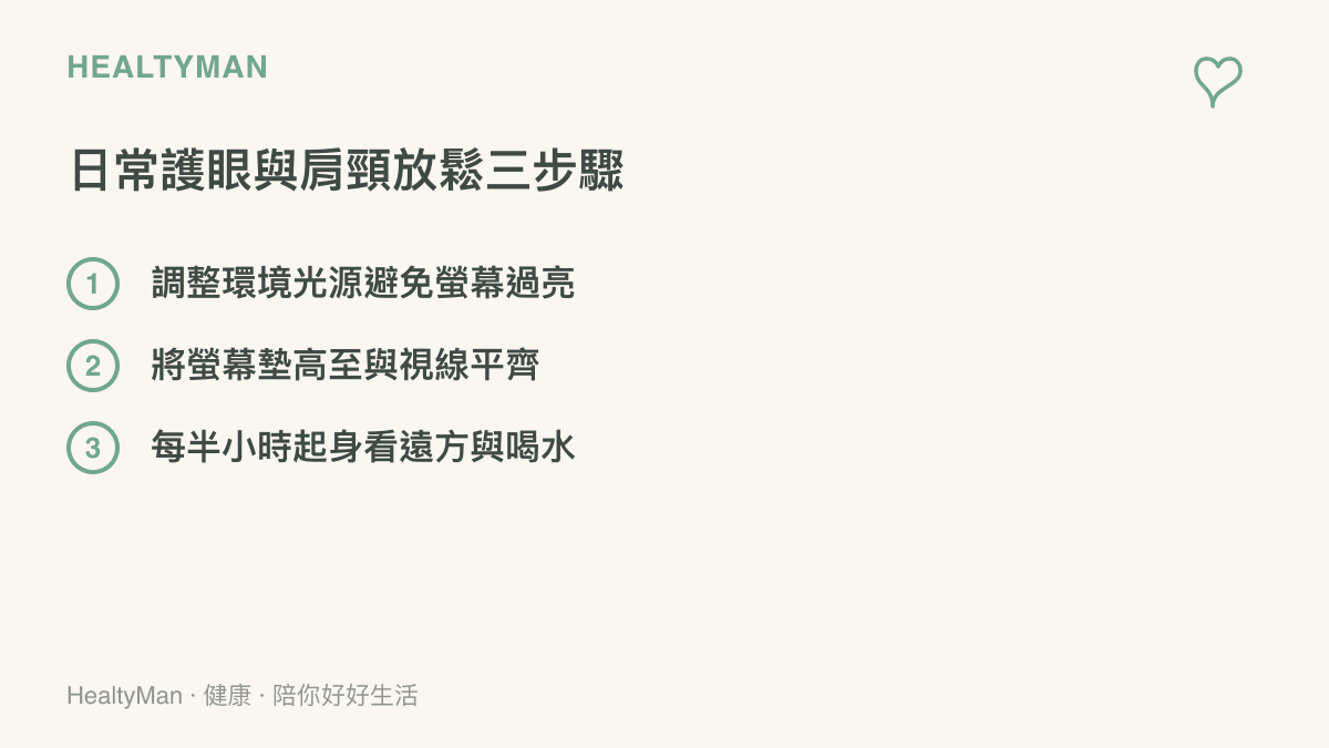 清單圖卡列出保護眼睛與肩頸的三個實作步驟：調整光源、墊高螢幕、定期休息走動