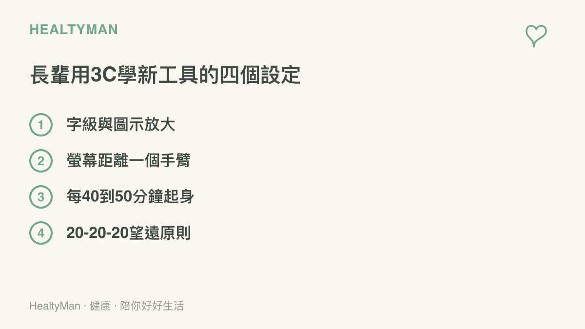 清單列出長輩學習3C新工具的四個設定：放大字級與圖示、螢幕保持一個手臂遠、每40到50分鐘起身活動、用20-20-20法則望遠休息