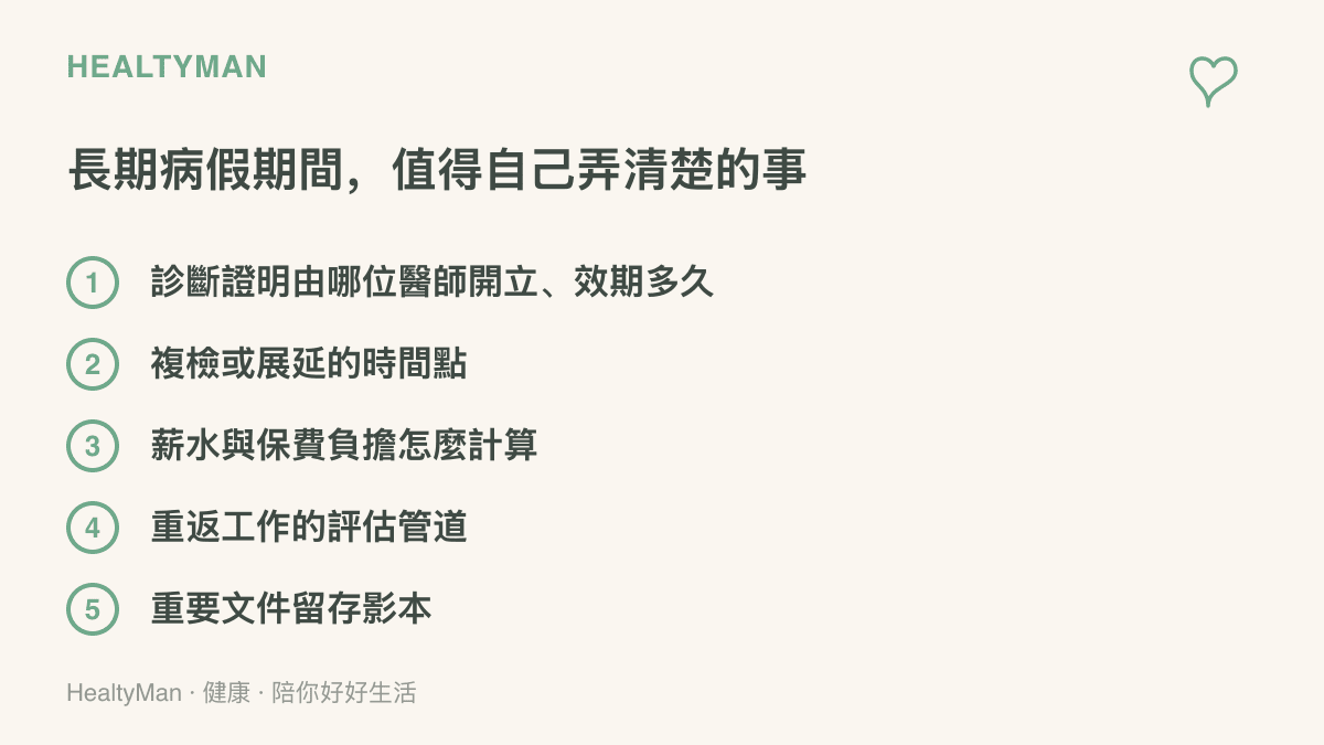 長期病假期間值得確認的五件事清單，包含診斷證明的開立與效期、複檢時間點、薪水與保費計算方式、復工評估管道，以及重要文件留存影本