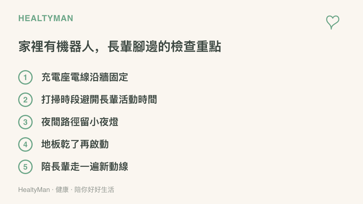 清單圖列出家用機器人與長輩同住時的五項安全檢查：固定電線、錯開打掃時段、留夜燈、地板乾燥與陪同熟悉動線