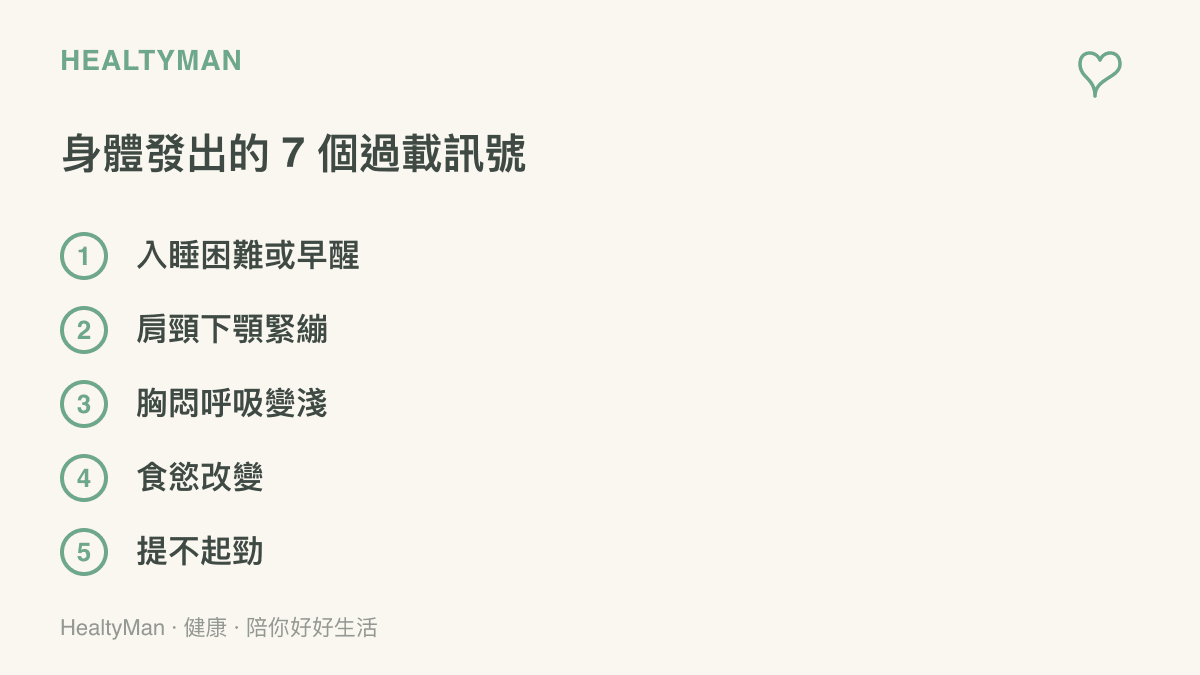 壓力過載的七個身體訊號清單，涵蓋睡眠肩頸胸悶食慾動機情緒與腸胃