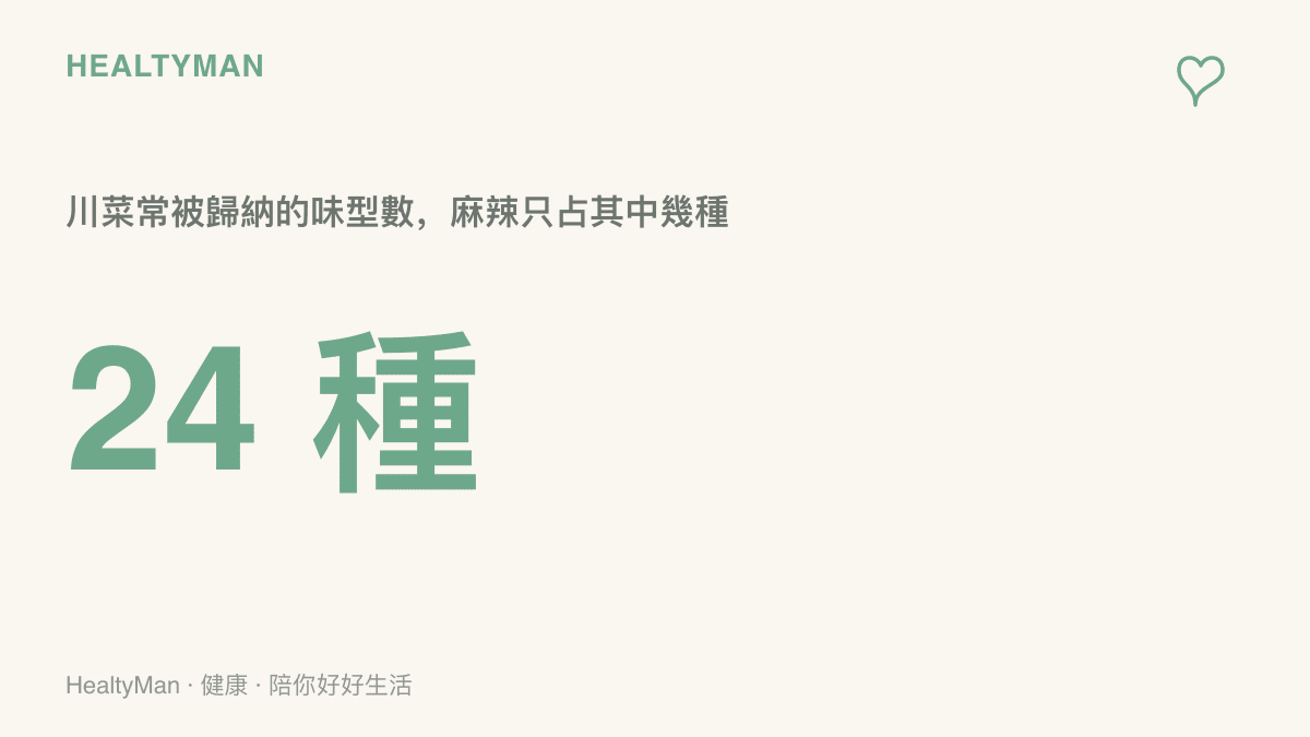 統計圖卡呈現川菜在烹飪教學中常被歸納出二十四種味型，麻辣僅是其中少數幾種，其餘多數味型並不依賴重辣