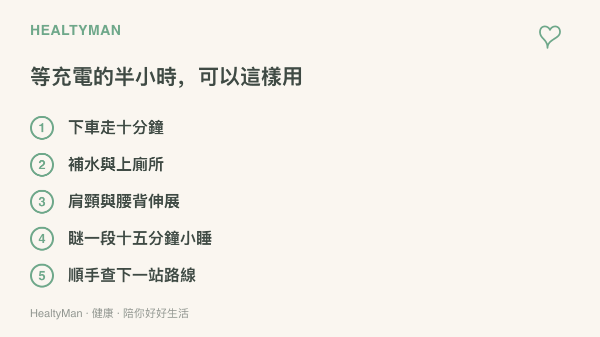 清單列出等充電時可以做的五件事：下車走十分鐘、補水與上廁所、肩頸與腰背伸展、小睡十五分鐘、查下一站路線