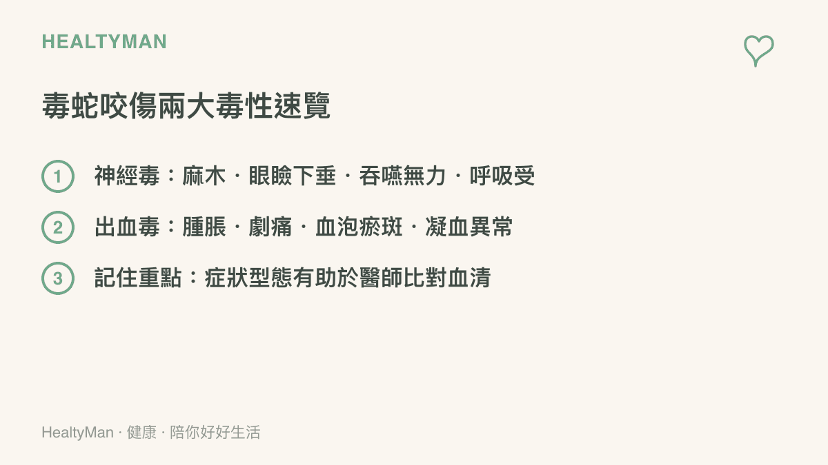 毒蛇咬傷神經毒與出血毒症狀差異對照圖卡，協助送醫時清楚描述
