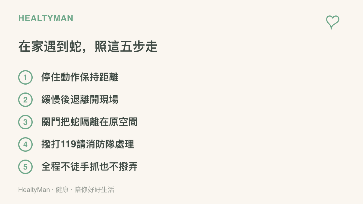 圖卡列出在家遇到蛇時的五個處理步驟，包括停住保持距離、緩慢後退、關門隔離、撥打119與全程不徒手捕捉