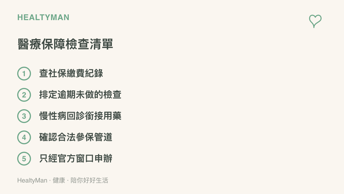 醫療保障檢查清單列出查繳費紀錄、排定逾期檢查、慢性病回診備藥、確認合法參保管道與經官方窗口申辦等步驟