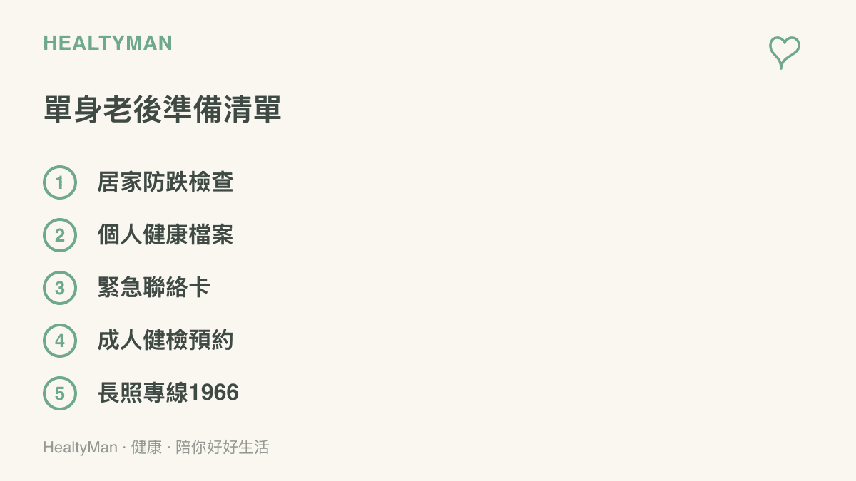清單列出單身老後的五項準備：居家防跌檢查、個人健康檔案、緊急聯絡卡、成人健檢預約與長照專線1966