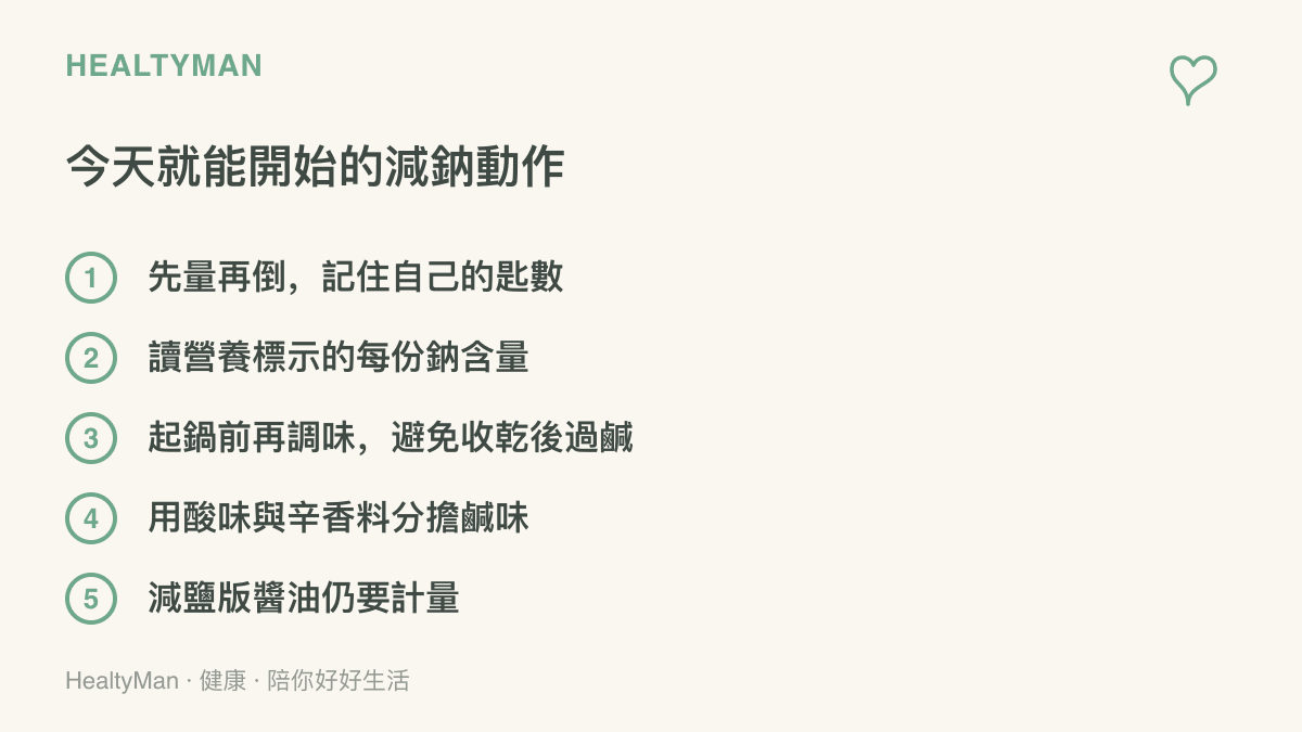 圖卡整理五個當天就能做的減鈉做法，包含先量再倒、讀營養標示、起鍋前再調味、以酸味與辛香料分擔鹹味、減鹽版醬油仍要計量
