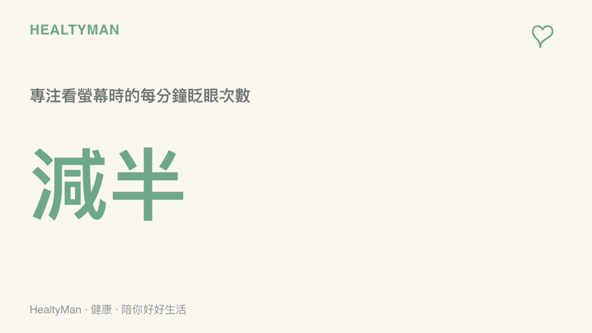 統計圖卡呈現人類專注觀看螢幕時，每分鐘眨眼次數相較於正常狀態大幅減少，說明數位視覺疲勞的成因。