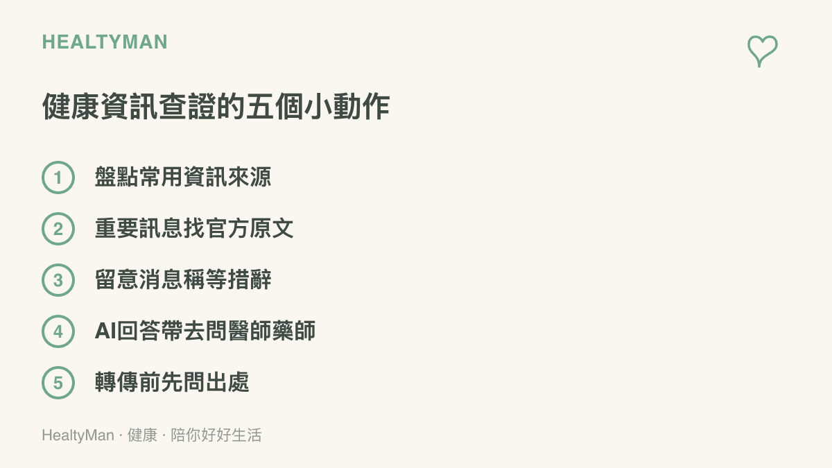 清單圖卡列出健康資訊查證的五個小動作，包括盤點來源、找官方原文、留意匿名消息措辭、把AI回答帶去問醫師藥師、轉傳前先問出處