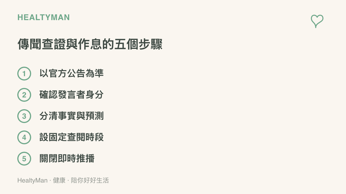 五步驟清單依序列出查官方公告、確認發言者身分、分清事實與預測、設定固定查閱時段與關閉即時推播