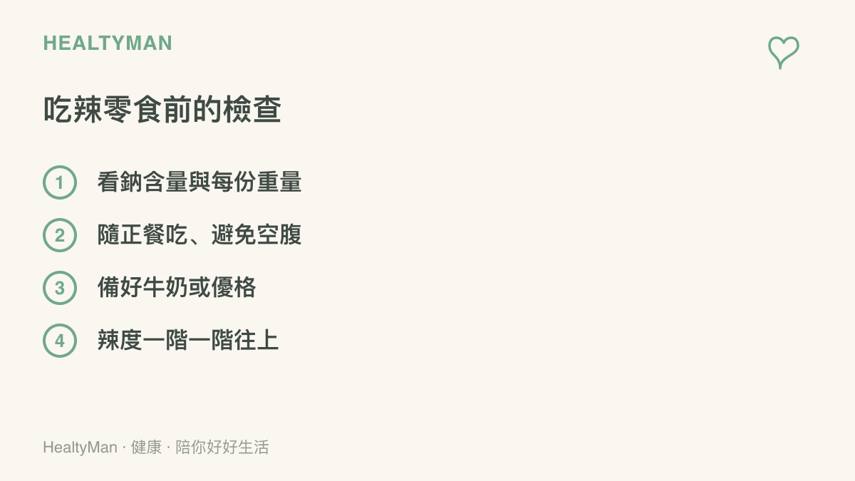 清單圖卡提醒喫辣零食前的準備步驟，包含查看鈉含量標示、隨正餐食用、準備乳製品解辣，以及辣度循序漸進不要跳級挑戰