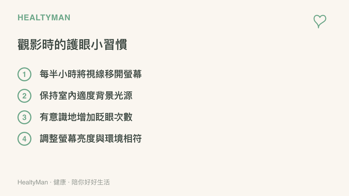 條列式清單顯示四項觀影時的護眼小習慣，包含視線移開、背景光源、眨眼次數與亮度調整