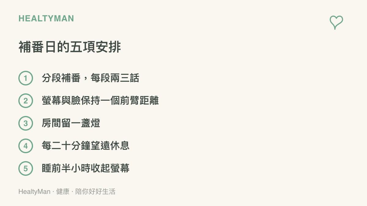 圖卡列出補番日的五項安排，包括分段補番、保持觀看距離、房間留燈、定時望遠休息與睡前收起螢幕的護眼作息建議