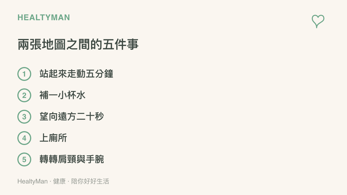 清單列舉地圖與地圖之間可以完成的五件小事：起身走動、補水、望遠放鬆眼睛、上廁所、活動肩頸與手腕