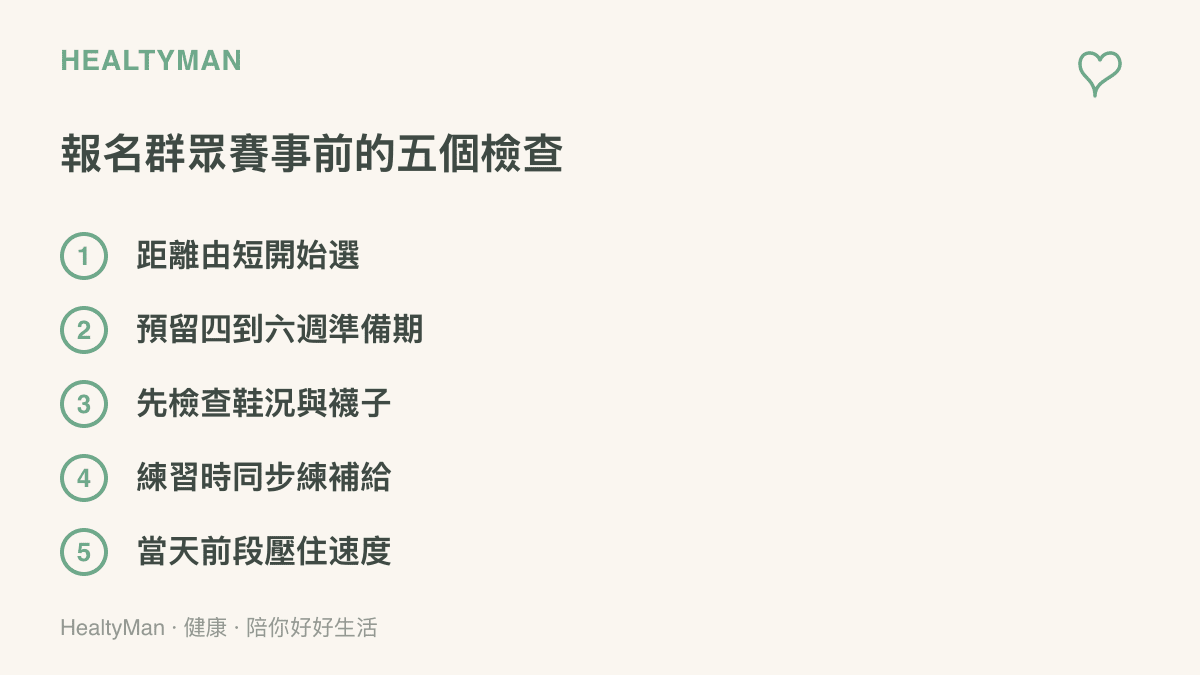 清單圖列出報名羣眾賽事前的五項檢查，包含距離由短開始、預留四到六週準備、檢查鞋況與襪子、練習時同步練補給、比賽當天前段壓住速度