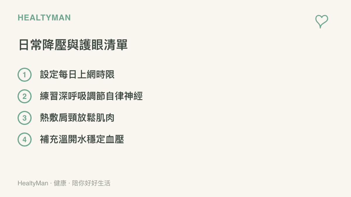 清單列出包含設定上網時限、深呼吸、熱敷肩頸與補充水分等四項日常降壓與護眼方法