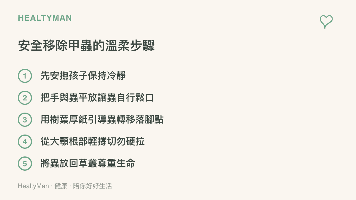 兒童手指被鍬形蟲夾住時的安全移除五步驟衛教清單：安撫、平放、引導、輕撐、放生