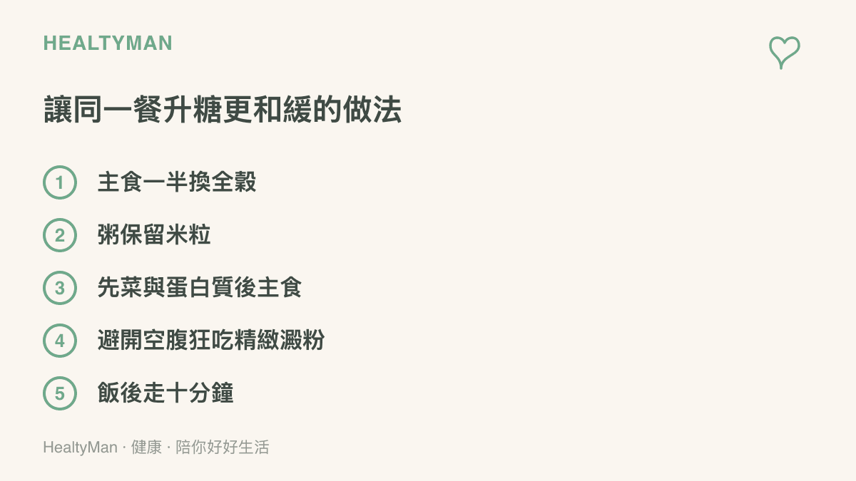 圖表整理讓同一餐升糖更和緩的五個做法，包含主食一半換全穀、粥保留米粒、先喫菜與蛋白質再喫主食、避開空腹大份精緻澱粉與飯後走十分鐘