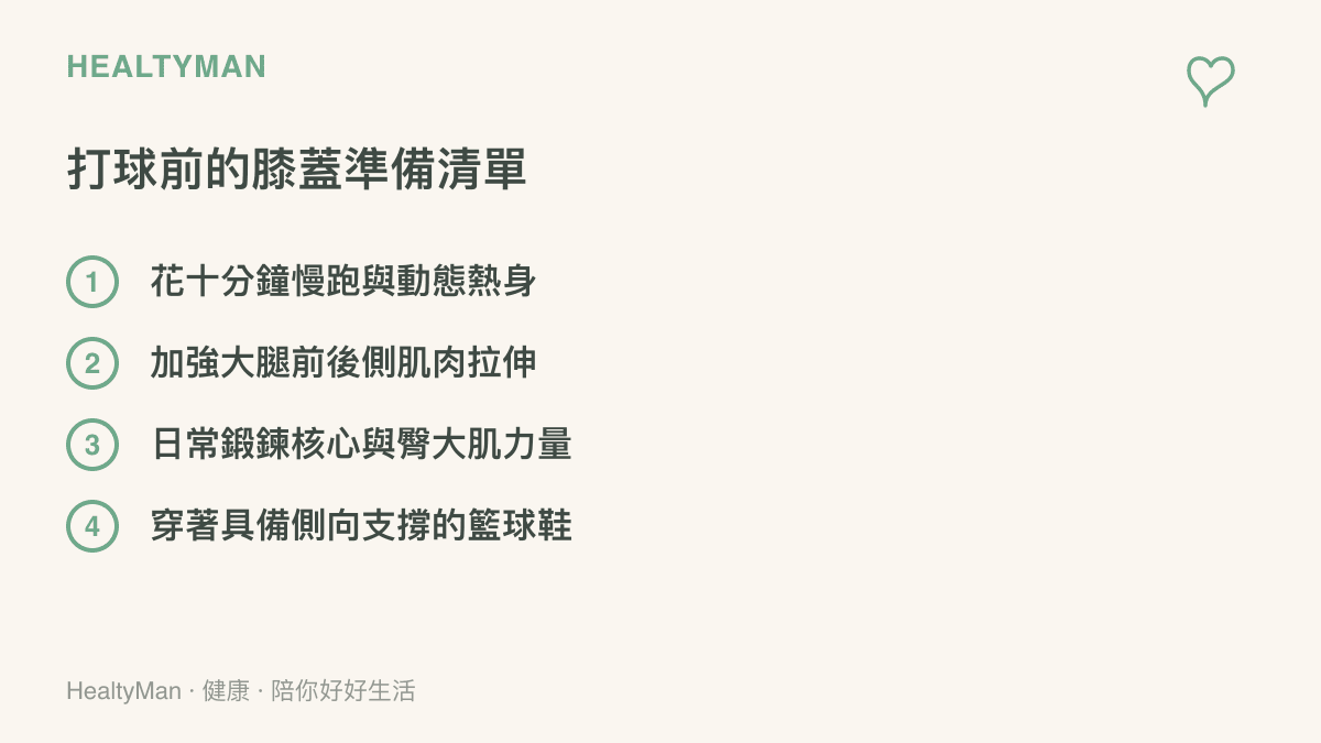 清單圖卡列出打球前的膝蓋準備事項，包含熱身、拉伸、鍛鍊核心與穿對球鞋