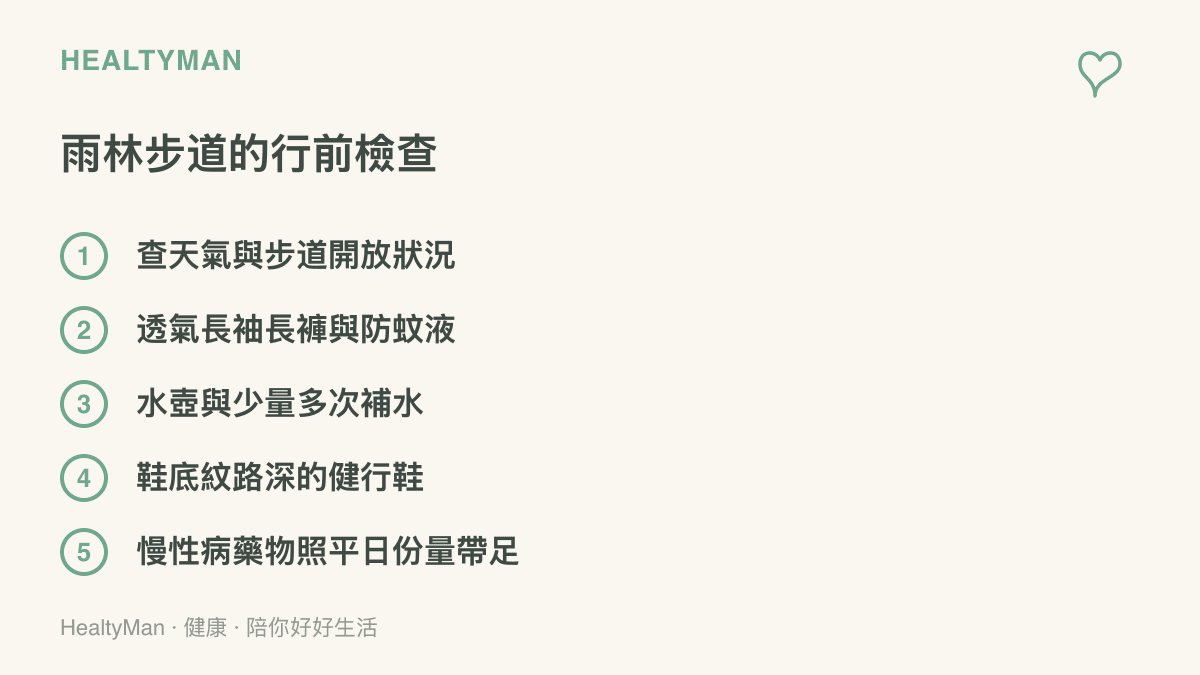 圖卡列出雨林步道出發前的五項檢查，包含天氣與步道查詢、長袖衣物與防蚊準備、補水節奏、健行鞋選擇，以及慢性病藥物的份量準備